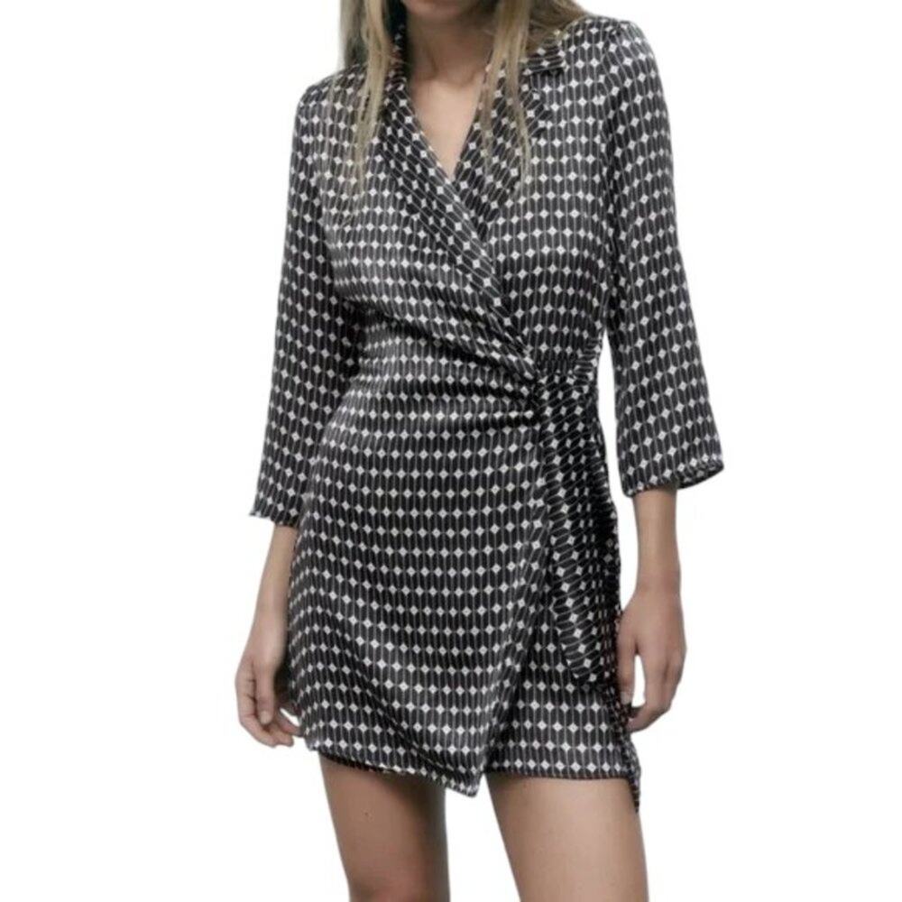 NEW ZARA 3/4 Sleeve Collared Wrap Dress in Black & White Geo  SZ XS